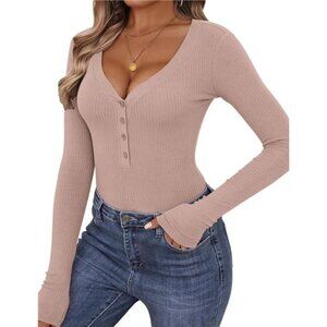Long Sleeve V-Neck  Shirt - Slim Fit Ribbed Knit Button Top